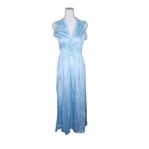Vintage 70s Vneck Sleeveless Satin Lace Long Nightgown Lingerie Womens S Blue
